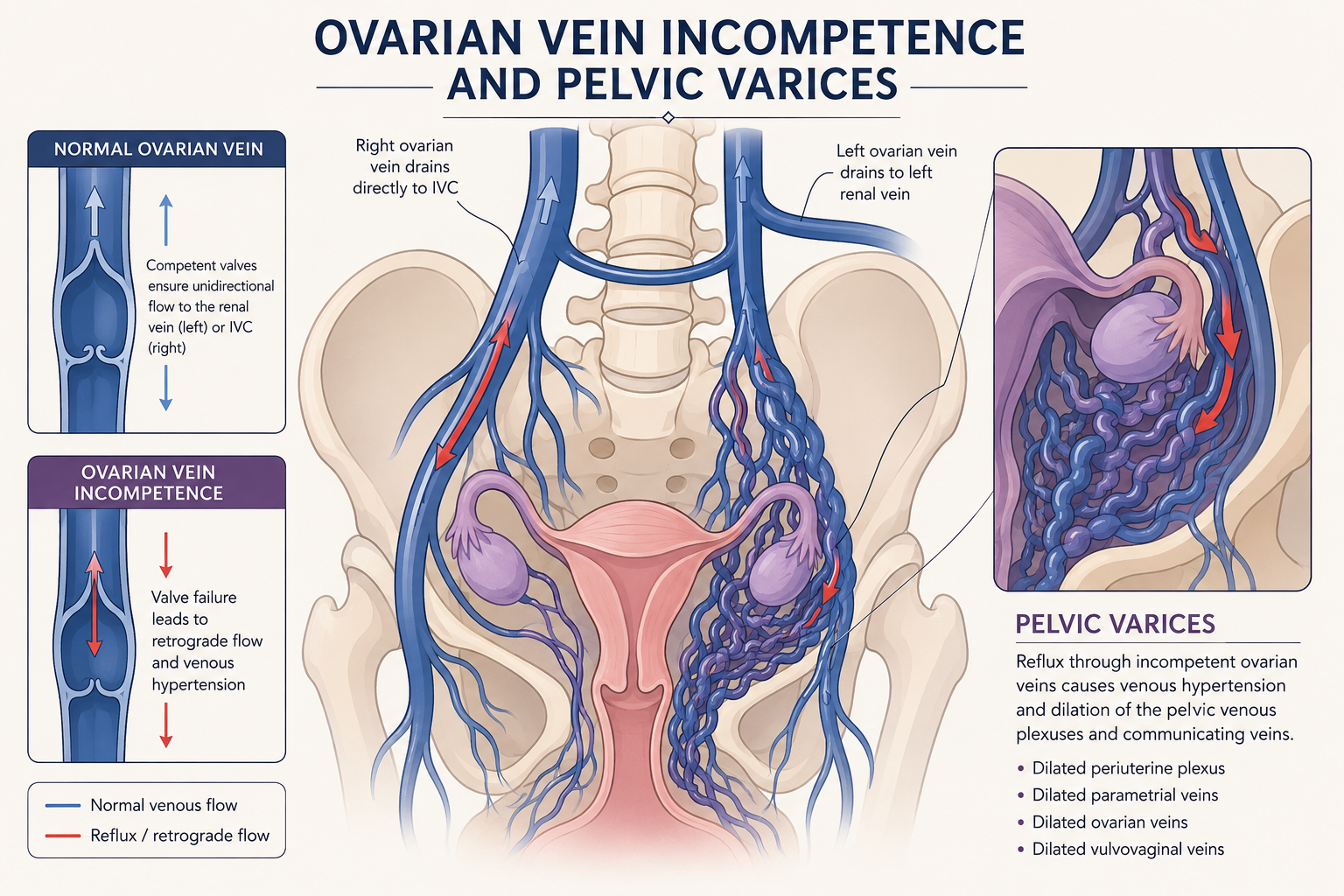 Medical diagram illustrating ovarian vein incompetence and pelvic varices — showing normal venous flow versus retrograde reflux that causes pelvic congestion syndrome
